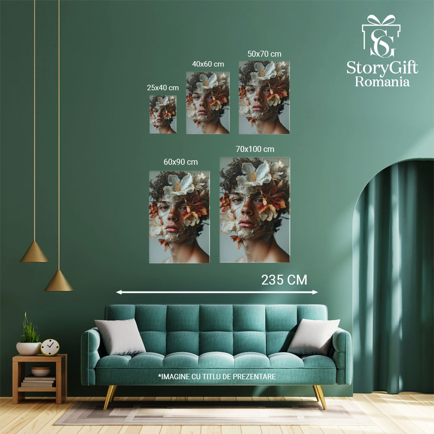 Tablou Canvas  Personaj Masculij cu Pistrui si Flori Albe pe Fata cu Ochii Albastri si Parul din Frunze Maro  , Pictura Digitala 40x25CM [4]