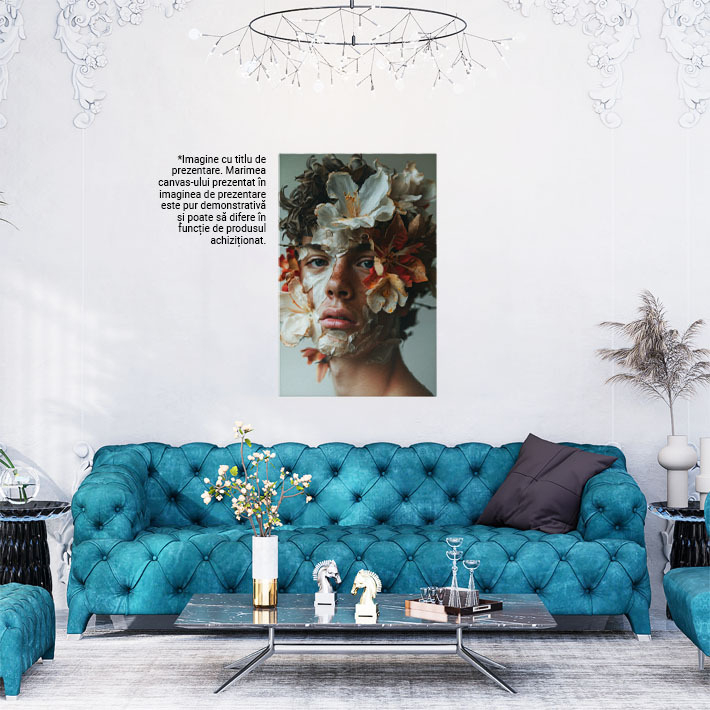 Tablou Canvas  Personaj Masculij cu Pistrui si Flori Albe pe Fata cu Ochii Albastri si Parul din Frunze Maro  , Pictura Digitala 40x25CM [2]