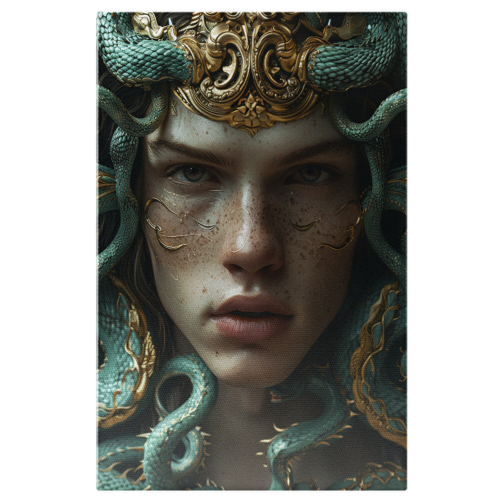 Tablou Canvas Personaj Masculin cu Ochii Strălucitori și Pistrui, Modele de Șerpi Albastri pe Chip | Pictură Digitală, Marime 40x25CM [1]