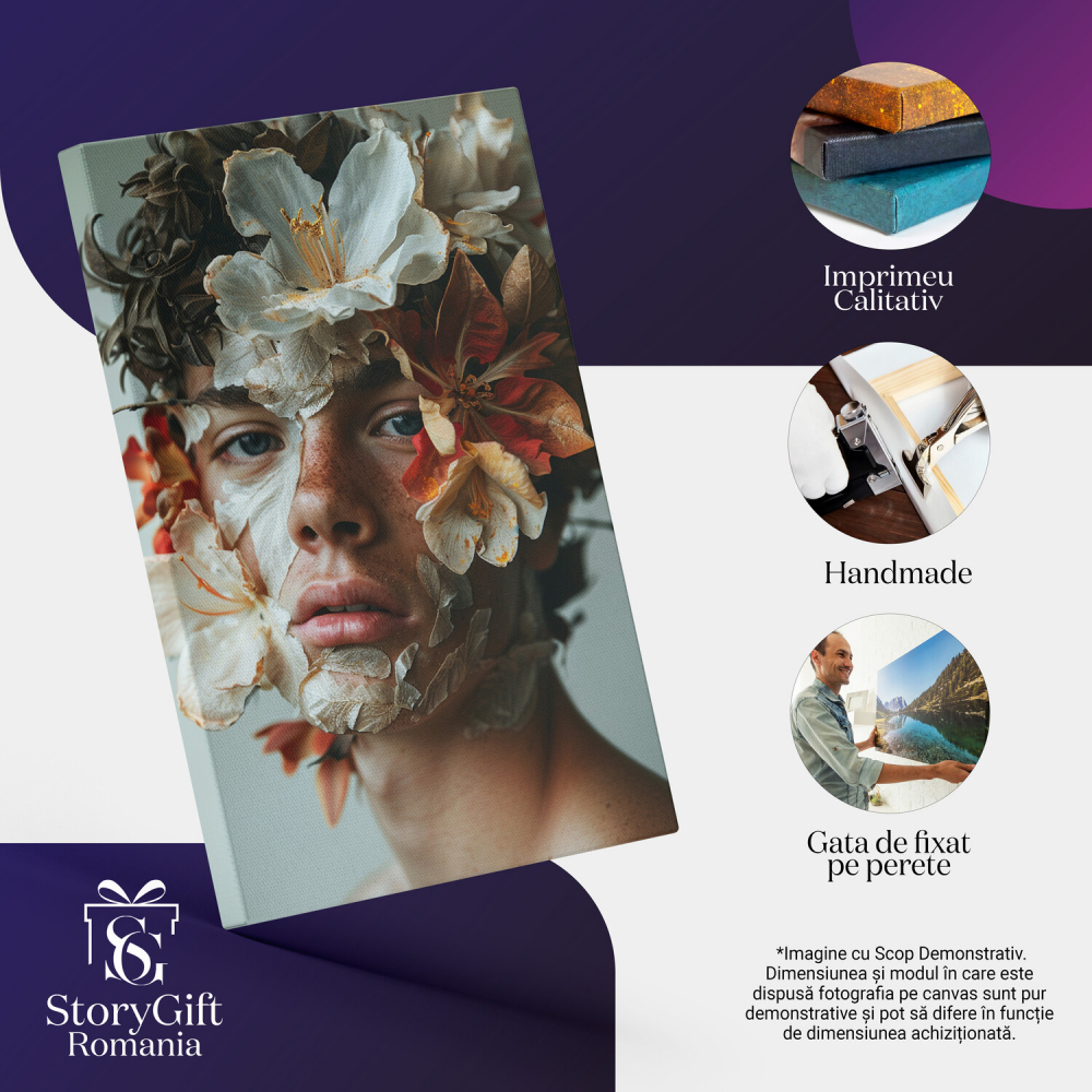 Tablou Canvas Personaj Masculin cu Pistrui și Flori Albe, Marime 40x25CM [2]