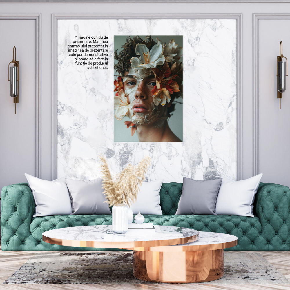 Tablou Canvas Personaj Masculin cu Pistrui și Flori Albe, Marime 40x25CM [3]