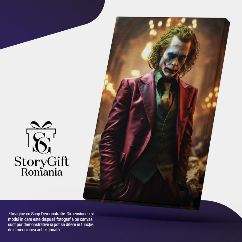 Tablou Canvas:  Personajul Jocker cu Parul Vopsit si Fata Pictata in Costum si Vesta Verde cu Cravata Pictura Digitala 40x25CM [5]