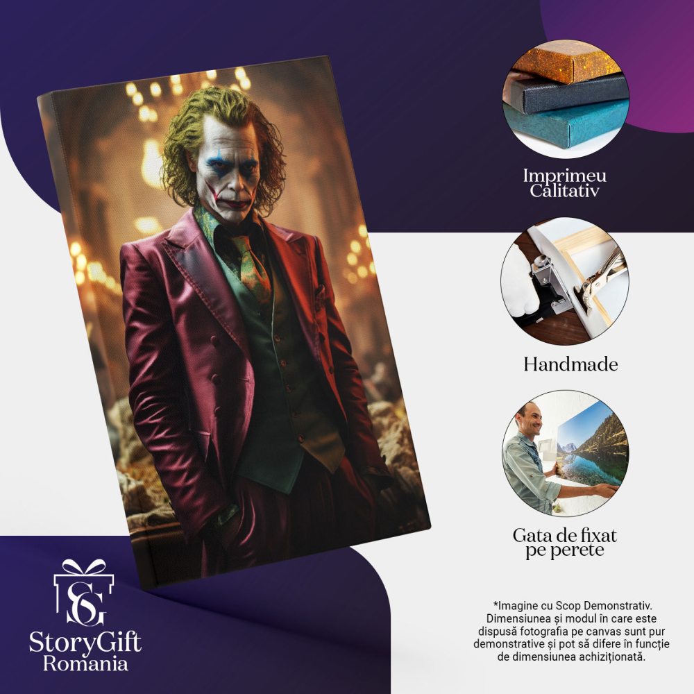 Tablou Canvas:  Personajul Jocker cu Parul Vopsit si Fata Pictata in Costum si Vesta Verde cu Cravata Pictura Digitala 40x25CM [3]