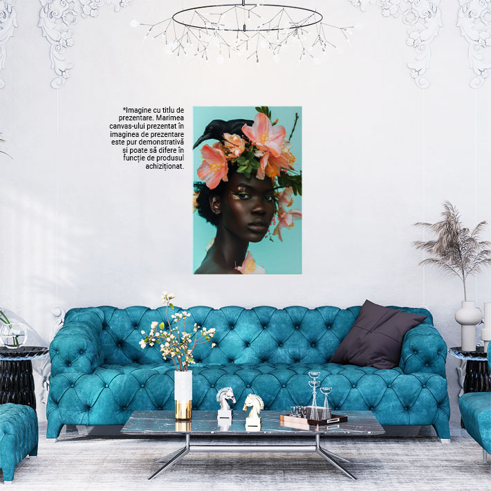 Tablou Canvas:  Personalitate Feminină și Pasărea Ei cu Flori Mari Roz pe Cap- Portret Artistic și Machiaj Pictura Digitala 40x25CM [2]