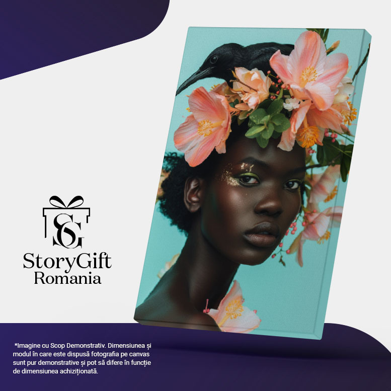 Tablou Canvas:  Personalitate Feminină și Pasărea Ei cu Flori Mari Roz pe Cap- Portret Artistic și Machiaj Pictura Digitala 40x25CM [5]