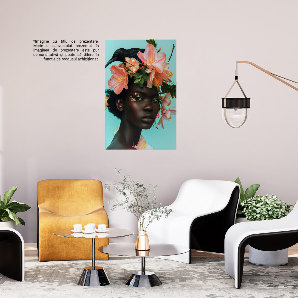 Personalitate Feminină cu Pasărea Ei și Flori Mari Roz pe Cap - Pictură Digitală, Marime 40x25CM [3]