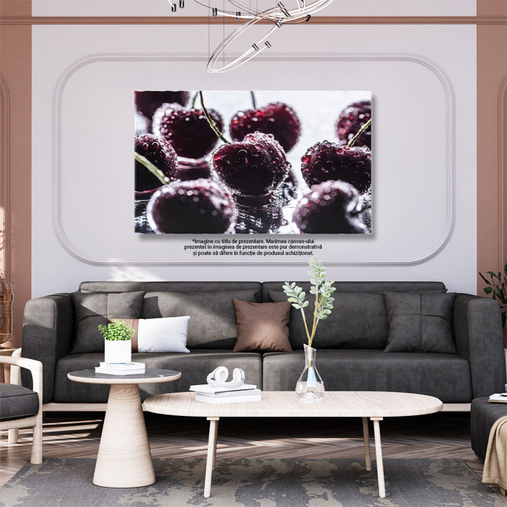Tablou Canvas Perspectiva Detaliata a Cireselor Rosii si Maturate, Ornate cu Picaturi de apa, Oferind un aspect imbietor si Gustos al Fructelor Proaspete 40x25CM [3]