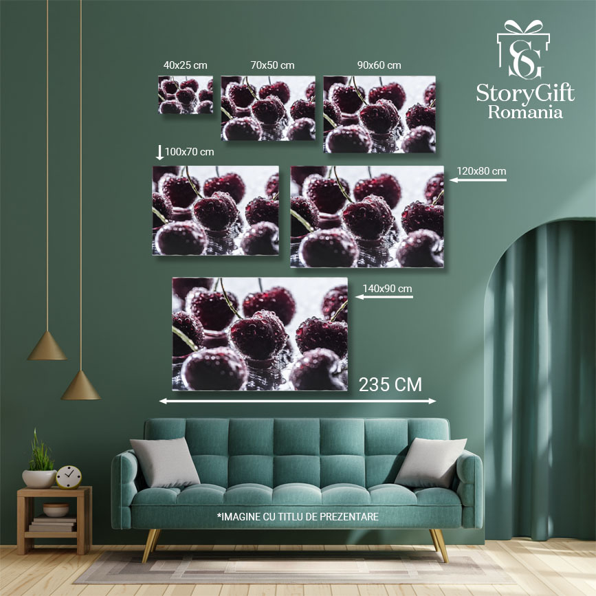 Tablou Canvas Perspectiva Detaliata a Cireselor Rosii si Maturate, Ornate cu Picaturi de apa, Oferind un aspect imbietor si Gustos al Fructelor Proaspete 40x25CM [5]