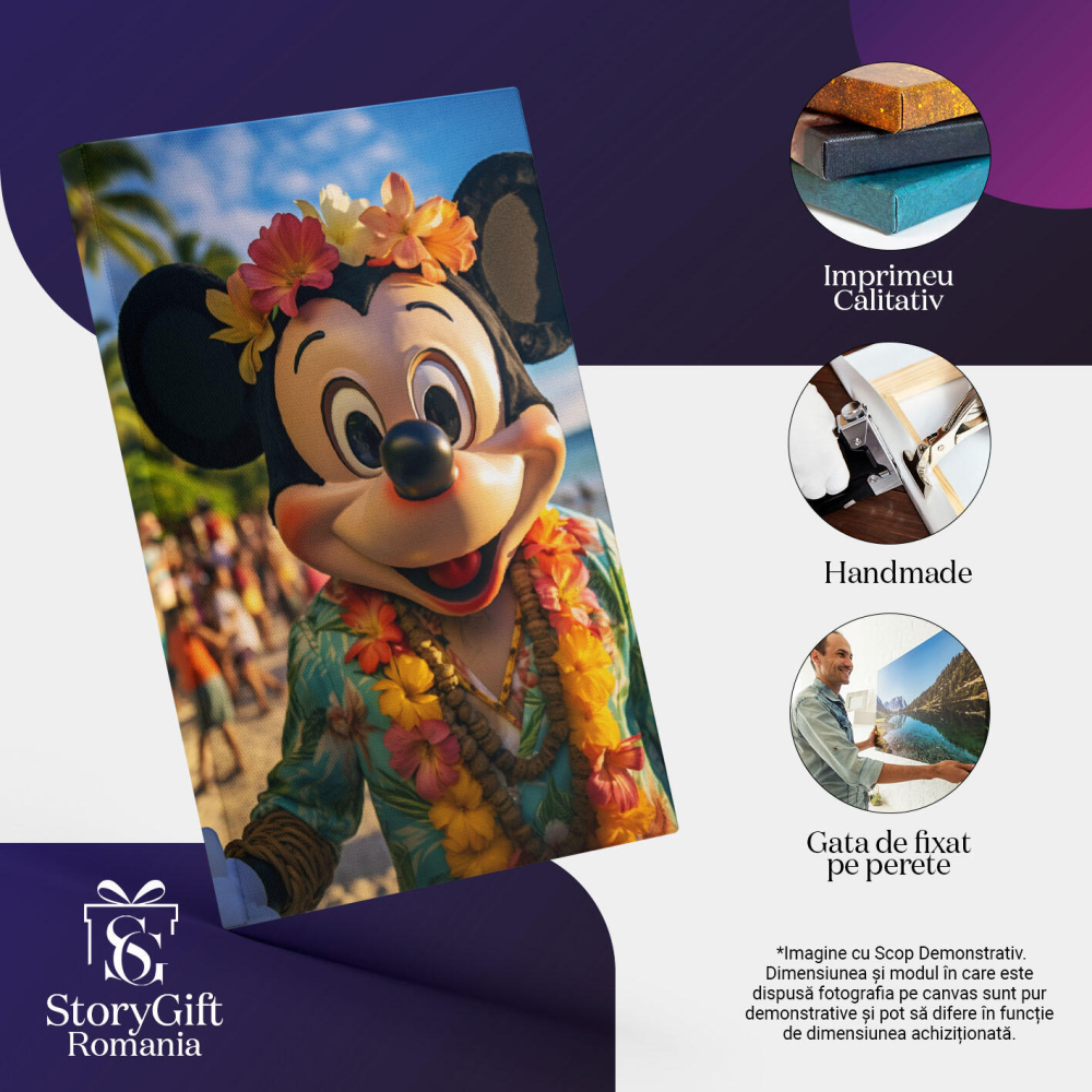 Tablou Canvas:  Petrecere Hawaiiana cu Personajul Principal Mickey Mouse cu Ghirlanda si Coronita de Flori Pictura Digitala 40x25CM [3]