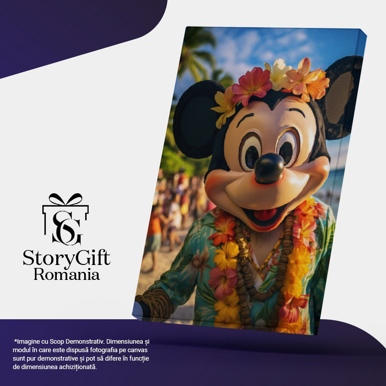 Tablou Canvas:  Petrecere Hawaiiana cu Personajul Principal Mickey Mouse cu Ghirlanda si Coronita de Flori Pictura Digitala 40x25CM [5]