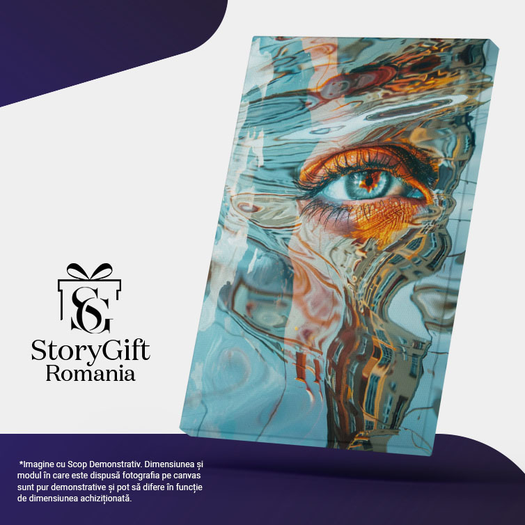 Tablou Canvas:  Pictură Abstractă cu Efect Acvatic, Ochi Albastru și Machiaj Portocaliu- Reflecții și Artă Vizuală Pictura Digitala 40x25CM [5]