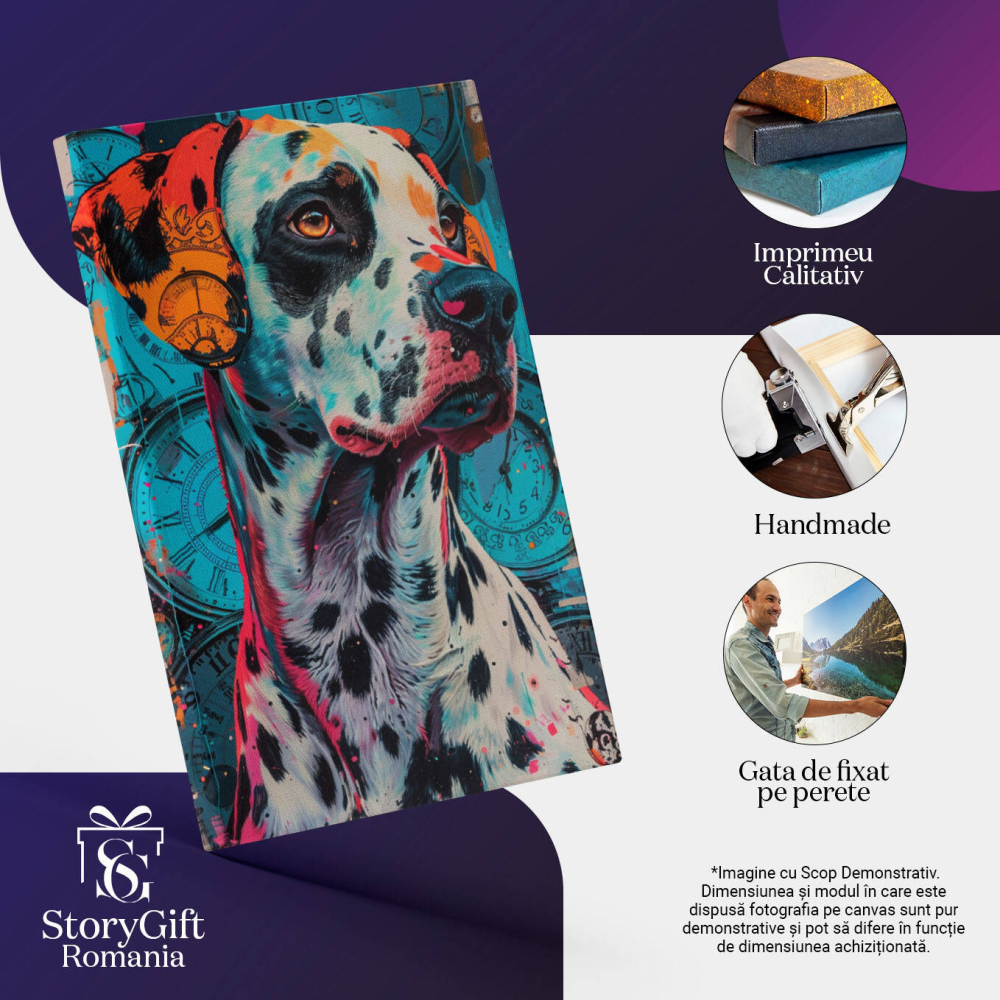Tablou Canvas:  Pictură cu ceasuri în fundal și un Dalmațian colorat - Câine în lumea timpului grăbit Pictura Digitala 40x25CM [3]