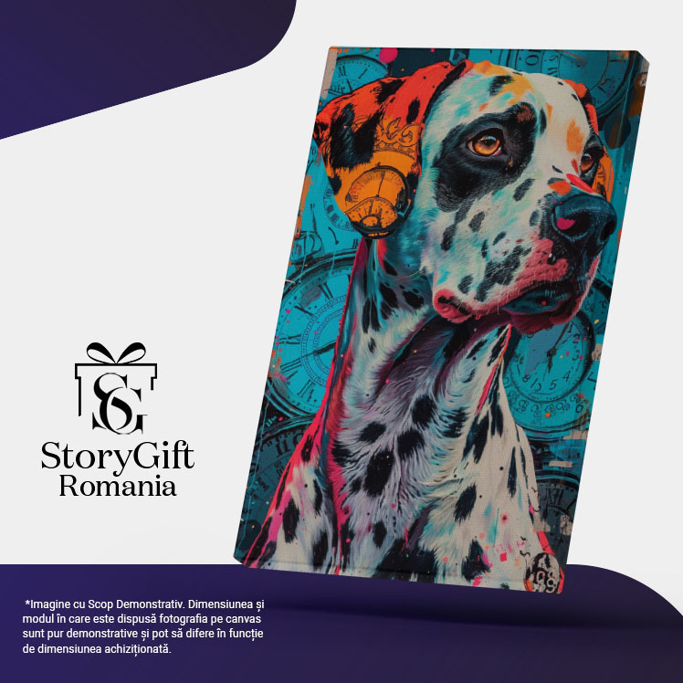 Tablou Canvas:  Pictură cu ceasuri în fundal și un Dalmațian colorat - Câine în lumea timpului grăbit Pictura Digitala 40x25CM [5]
