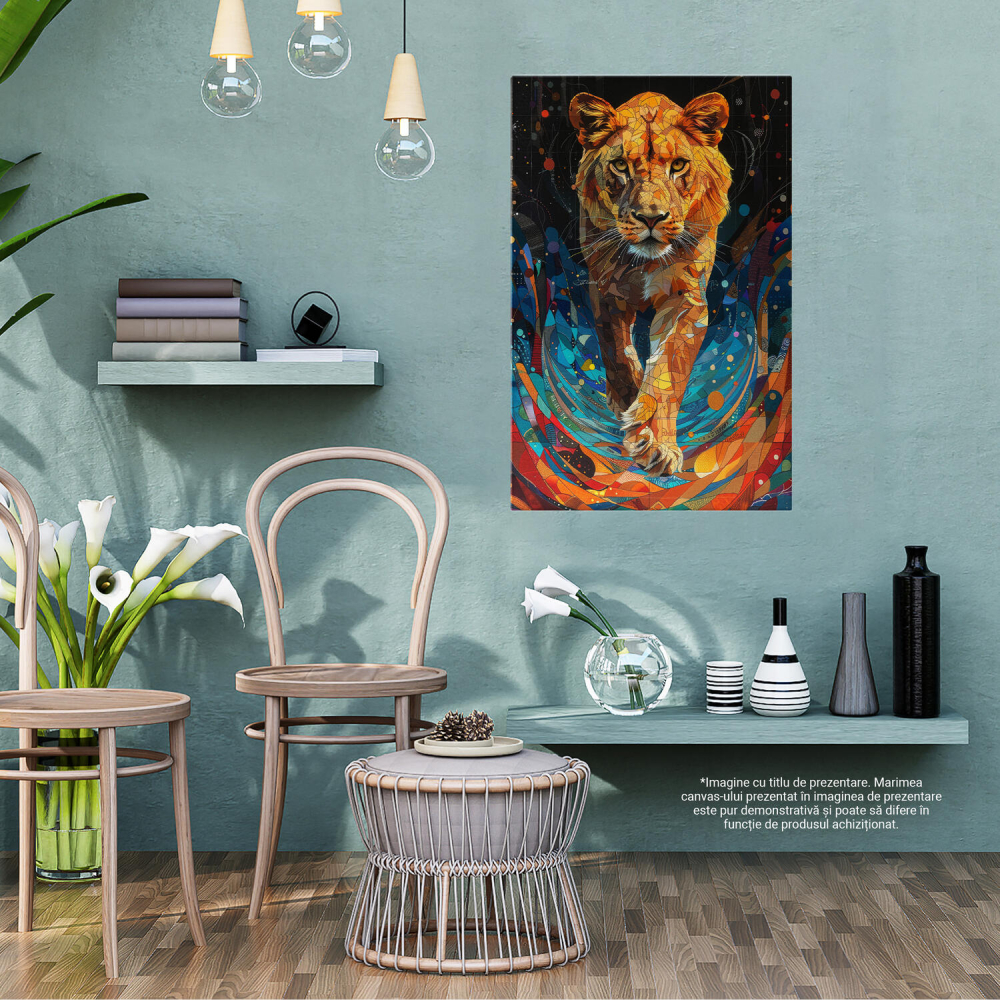 Pictură în Stil de Vitral cu o Leoaică - Pași de Felină în Culorile Curcubeului, Marime 40x25CM [3]