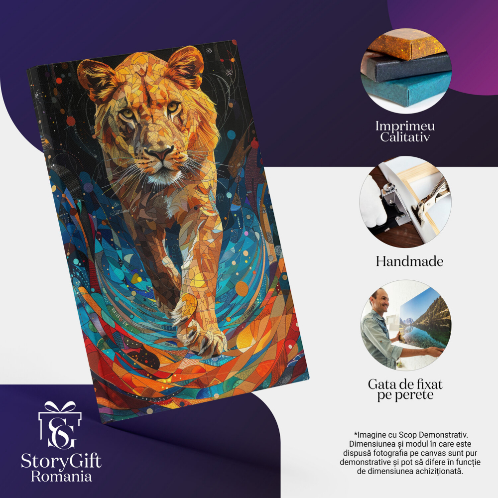 Pictură în Stil de Vitral cu o Leoaică - Pași de Felină în Culorile Curcubeului, Marime 40x25CM [2]