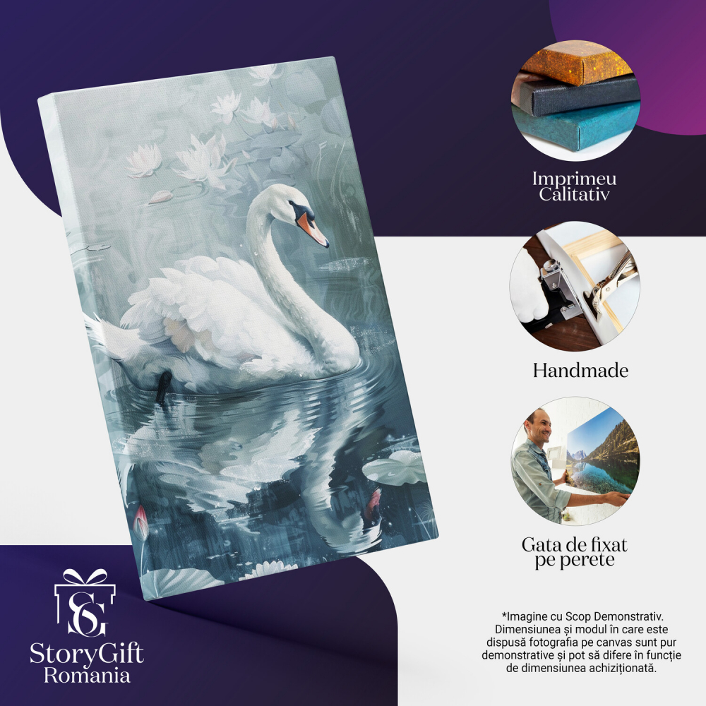 Tablou Canvas - Pictură în Ulei cu Lebădă și Reflexie pe Lac: Nuferi pe Apă, Marime 40x25CM [2]