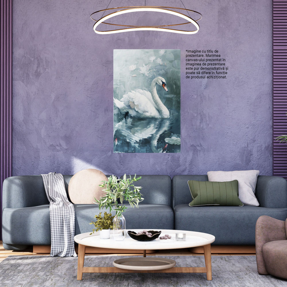 Tablou Canvas - Pictură în Ulei cu Lebădă și Reflexie pe Lac: Nuferi pe Apă, Marime 40x25CM [3]