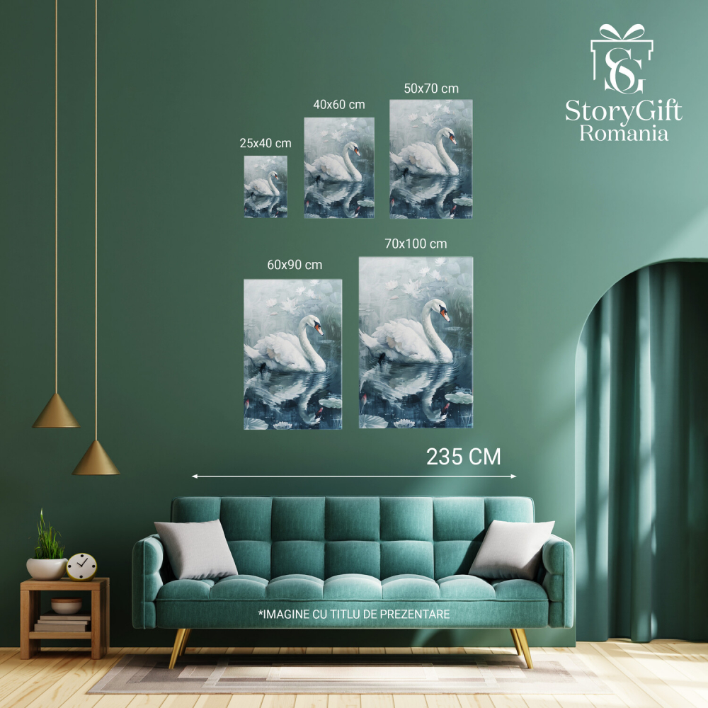 Tablou Canvas - Pictură în Ulei cu Lebădă și Reflexie pe Lac: Nuferi pe Apă, Marime 40x25CM [4]