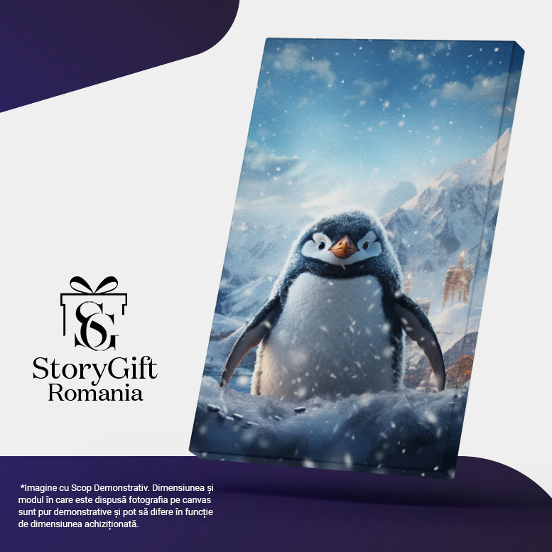 Tablou Canvas:  Pinguinul Inzapezit Acoperit de Fulgii de Ninsoare cu Ciocul Portocaliu si Ochii Mirati Pictura Digitala 40x25CM [5]