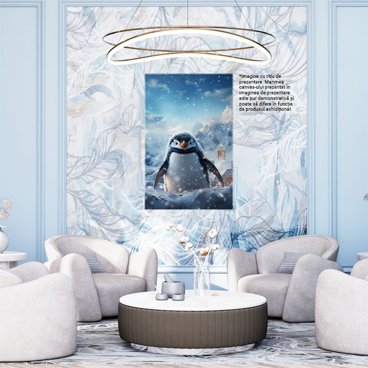 Tablou Canvas:  Pinguinul Inzapezit Acoperit de Fulgii de Ninsoare cu Ciocul Portocaliu si Ochii Mirati Pictura Digitala 40x25CM [2]