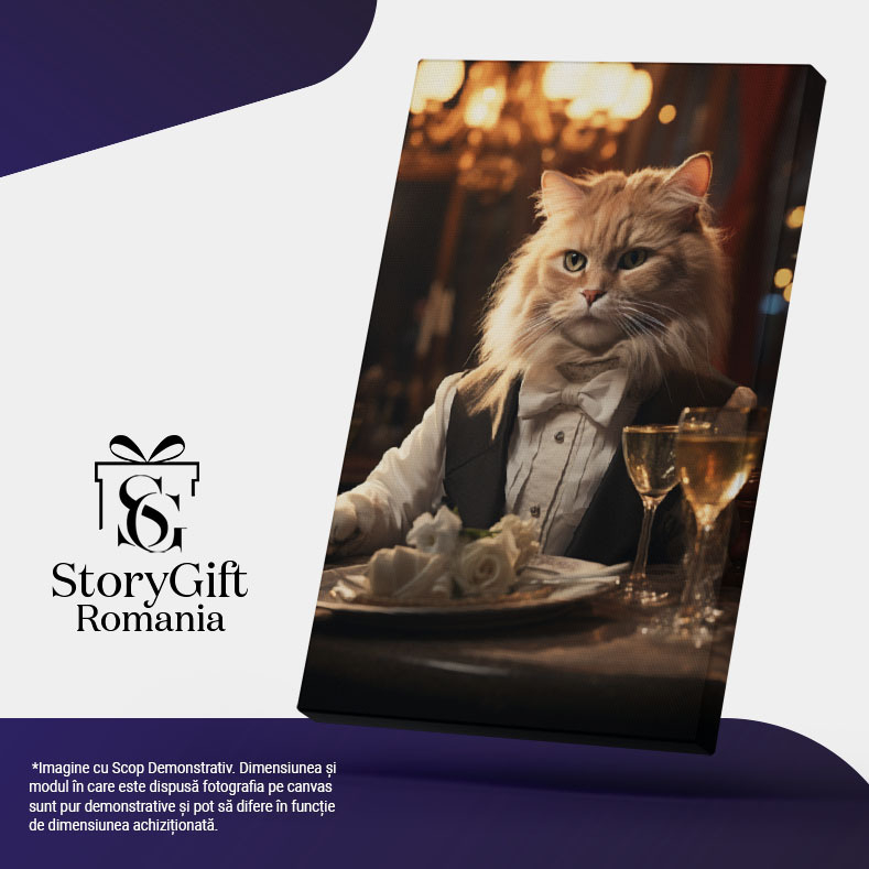 Tablou Canvas:  Pisică Bengaleză Animată la Masă și Costum- Eleganță Pictura Digitala 40x25CM [5]