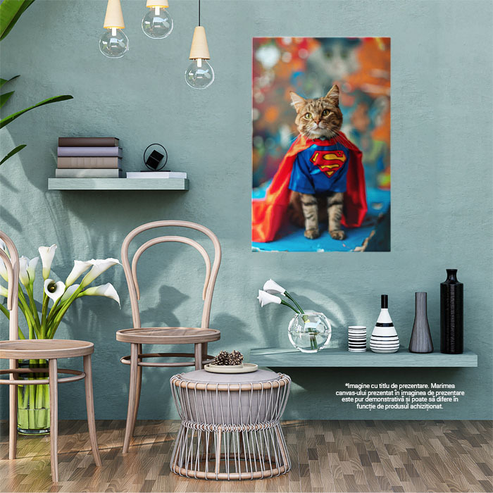Tablou Canvas Pisica Bobtail în Costumul lui SuperMan Eroul de pe Cubul Albastru , Pictura Digitala 40x25CM [2]