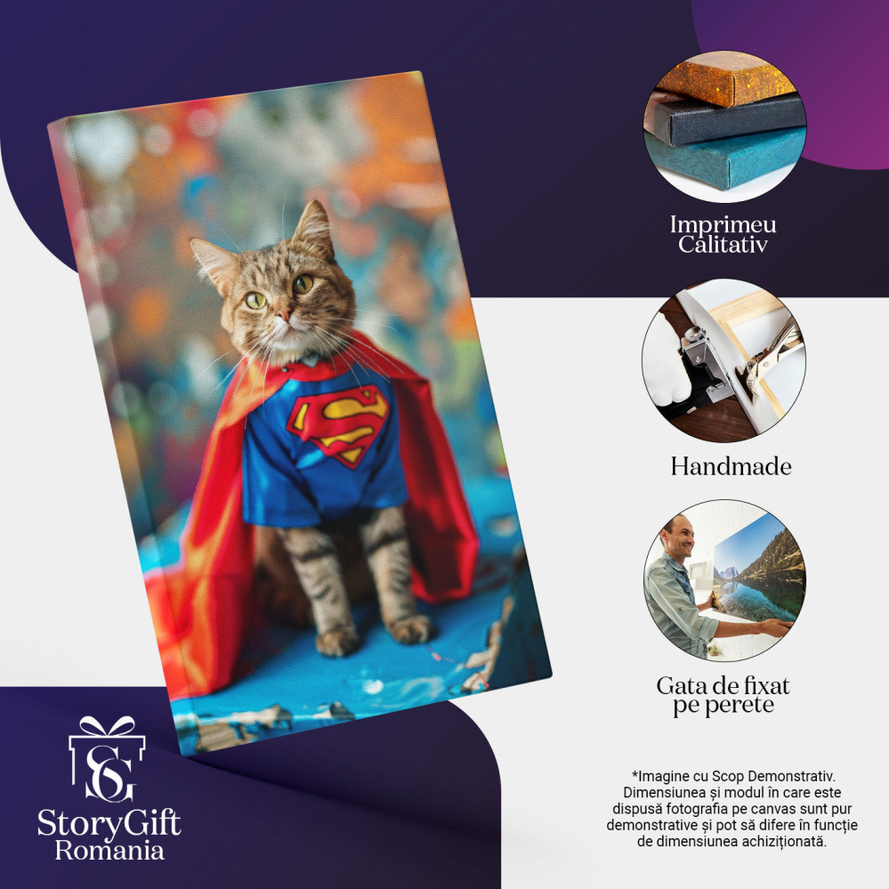 Tablou Canvas Pisica Bobtail în Costumul lui SuperMan Eroul de pe Cubul Albastru , Pictura Digitala 40x25CM [3]