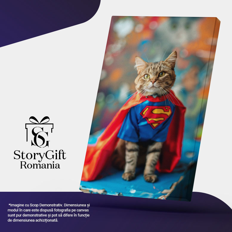 Tablou Canvas Pisica Bobtail în Costumul lui SuperMan Eroul de pe Cubul Albastru , Pictura Digitala 40x25CM [5]