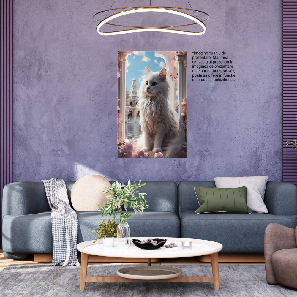 Tablou Canvas cu Pisica Gala în Spațiu Roz - Pictură Digitală cu Nori, Cer, Flori și Eleganță Majestică, Marime 40x25CM [4]