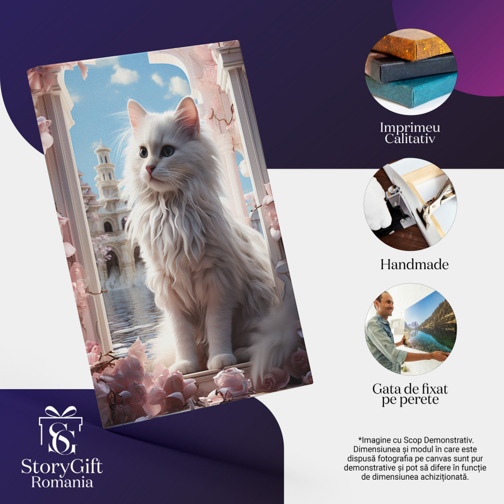 Tablou Canvas cu Pisica Gala în Spațiu Roz - Pictură Digitală cu Nori, Cer, Flori și Eleganță Majestică, Marime 40x25CM [2]