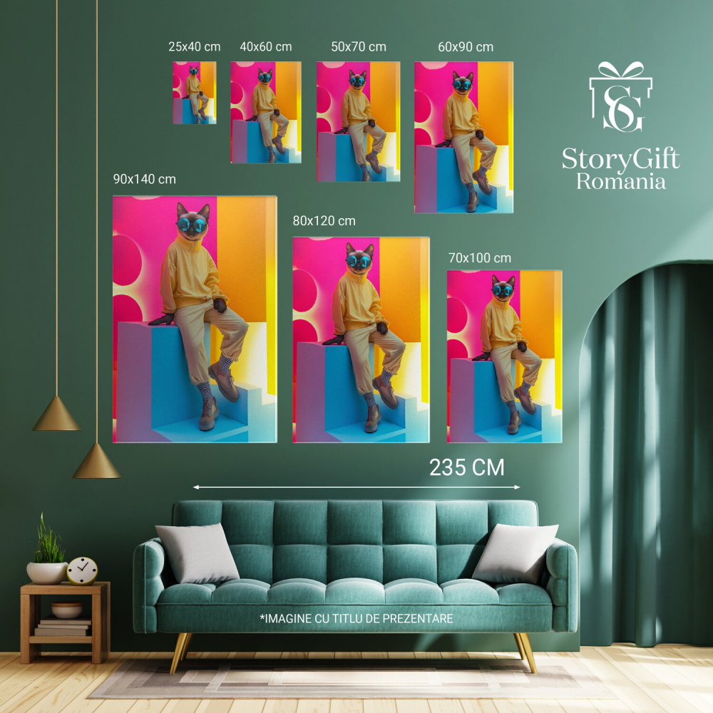 Pisică în Costum Fashion, Ochelari Albaştri, Compleu Galben Pe Tablou CanvasMarime 90x60CM [6]
