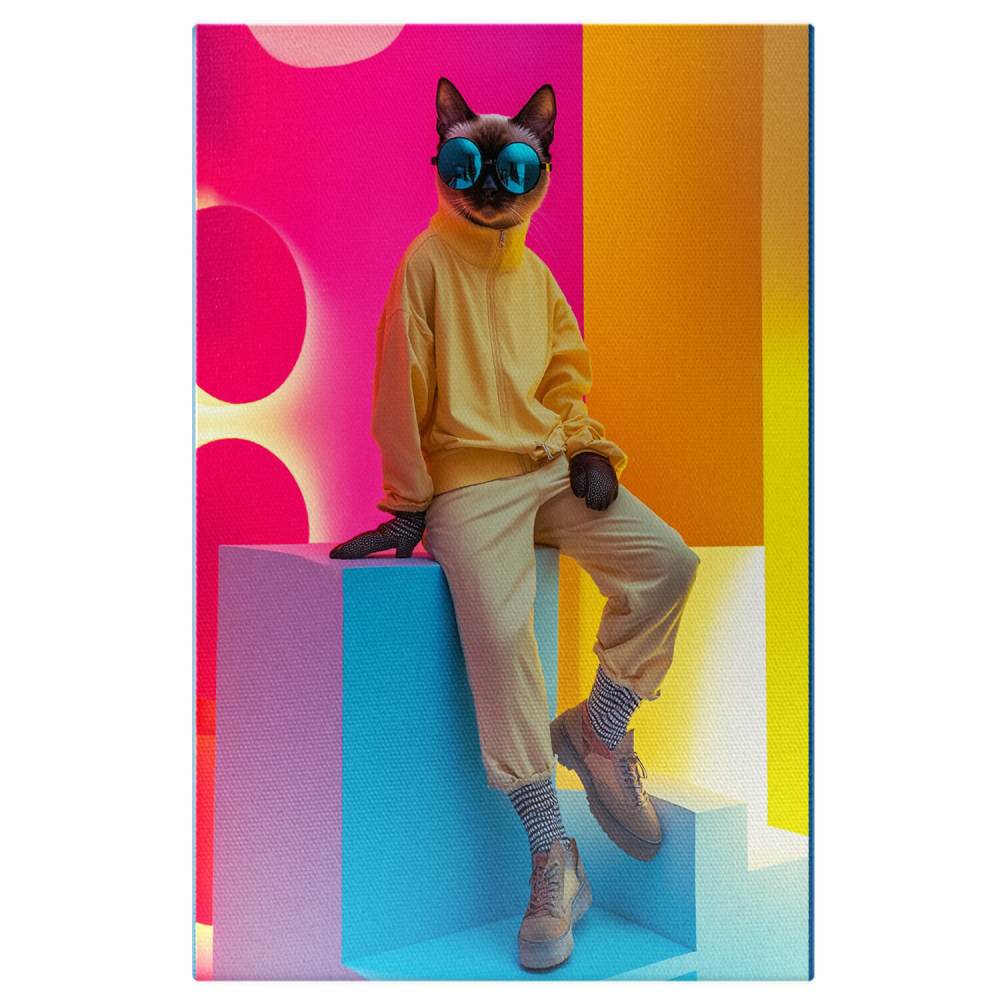 Pisică în Costum Fashion, Ochelari Albaştri, Compleu Galben Pe Tablou CanvasMarime 90x60CM [1]