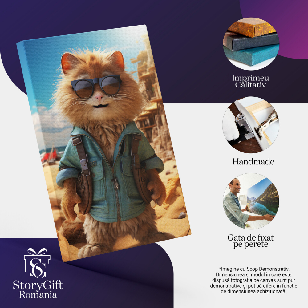 Pisicuța cu Blană Mare și Ochelari de Soare Negri în Jachetă Albastră cu Genți pe Umăr - Pictură Digitală, Marime 40x25CM [2]