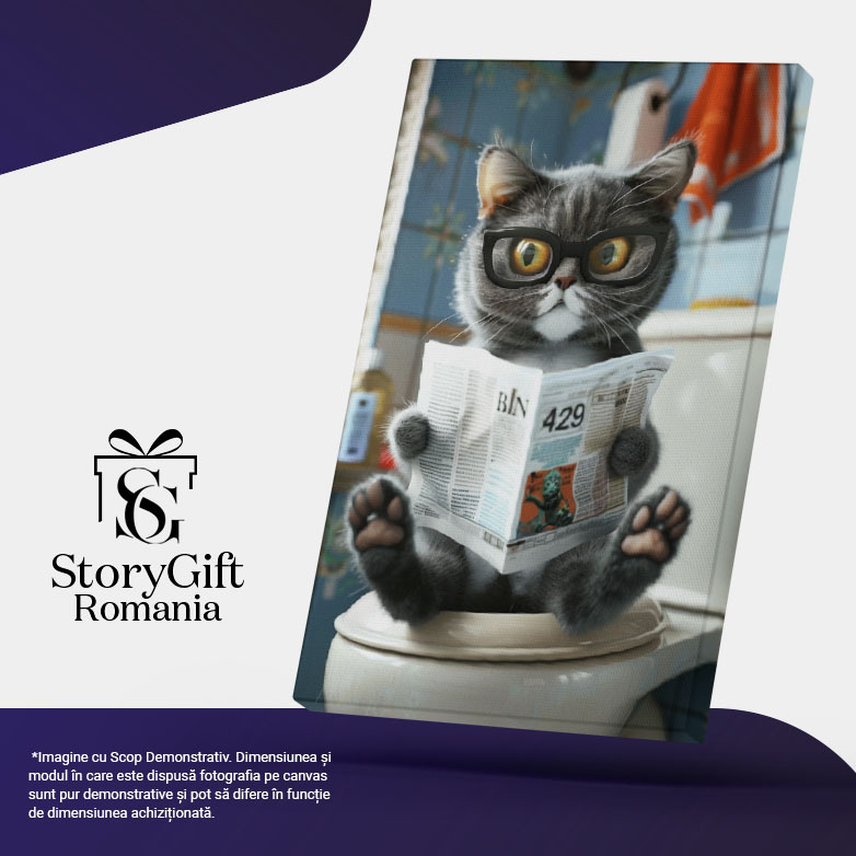 Tablou Canvas Pisoiul Gri cu Lăbuțe Roz Se Relaxează în Baie și Citește Ziarul Purtănd Ochelari , Pictura Digitala 40x25CM [5]