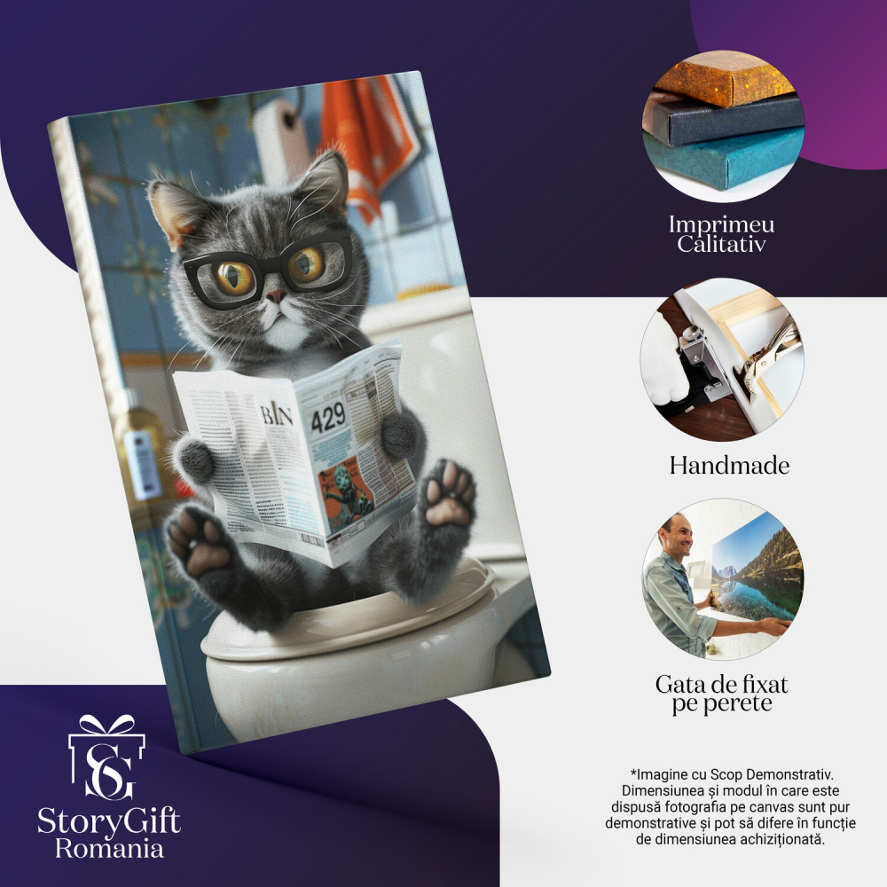 Tablou Canvas Pisoiul Gri cu Labute Roz Citind Ziarul în Baie, Marime 40x25CM [2]