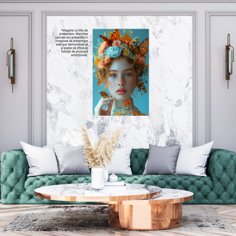 Tablou Canvas Tânără cu Pistrui și Fluturi – Pictură Digitală Colorată, Marime 40x25CM [3]