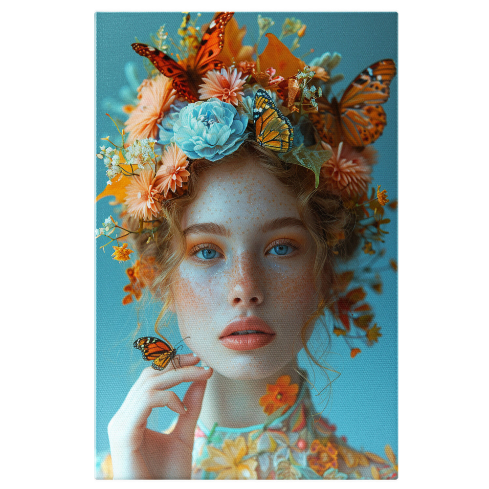 Tablou Canvas Tânără cu Pistrui și Fluturi – Pictură Digitală Colorată, Marime 40x25CM [1]