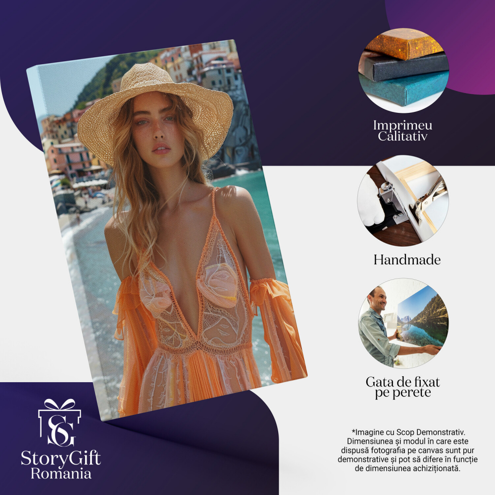 Plimbarea Femeii pe Plajă cu Pălărie de Paie - Podium la Malul Mării în Port, Marime 40x25CM [2]