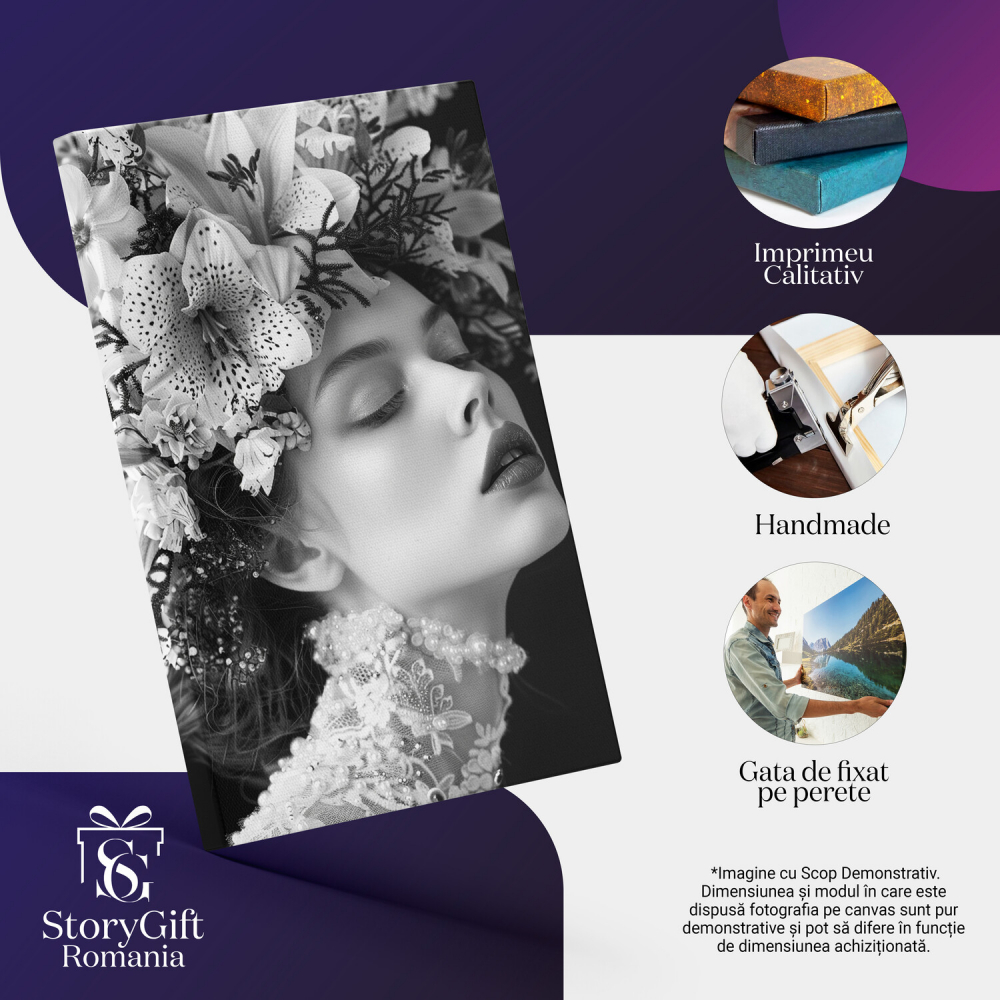 Portret Alb-Negru cu Femeie cu Flori în Păr - Pictură Digitală, Marime 40x25CM [2]