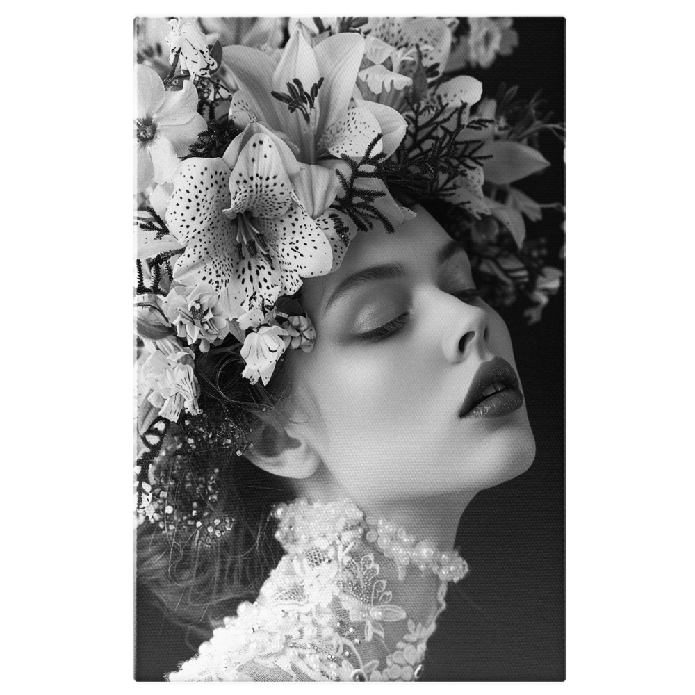 Portret Alb-Negru cu Femeie cu Flori în Păr - Pictură Digitală, Marime 40x25CM [1]