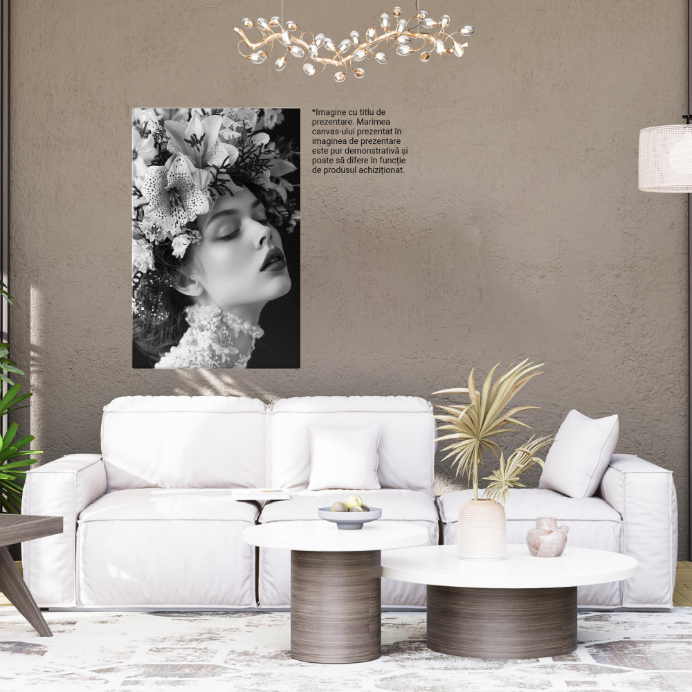 Portret Alb-Negru cu Femeie cu Flori în Păr - Pictură Digitală, Marime 40x25CM [3]