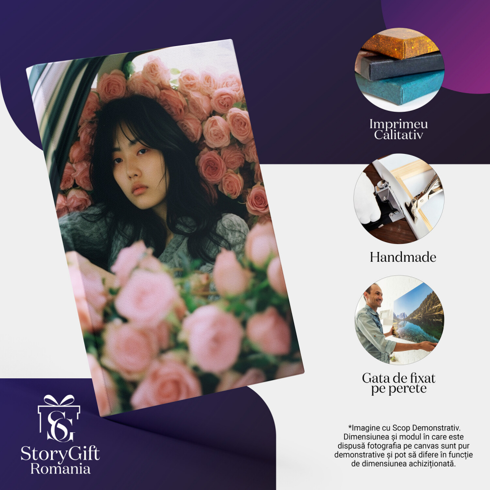 Portret de Fată în Mașină cu Trandafiri Roz - Pictură Digitală, Marime 40x25CM [2]