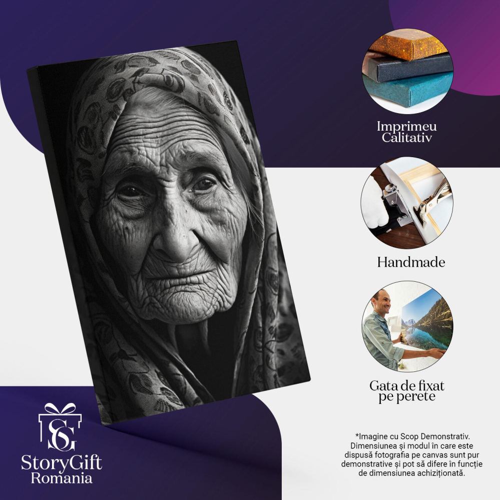 Tablou Canvas:  Portret de femeie batrana - ochi indurerati tristete b&w Pictura Digitala 40x25CM [3]