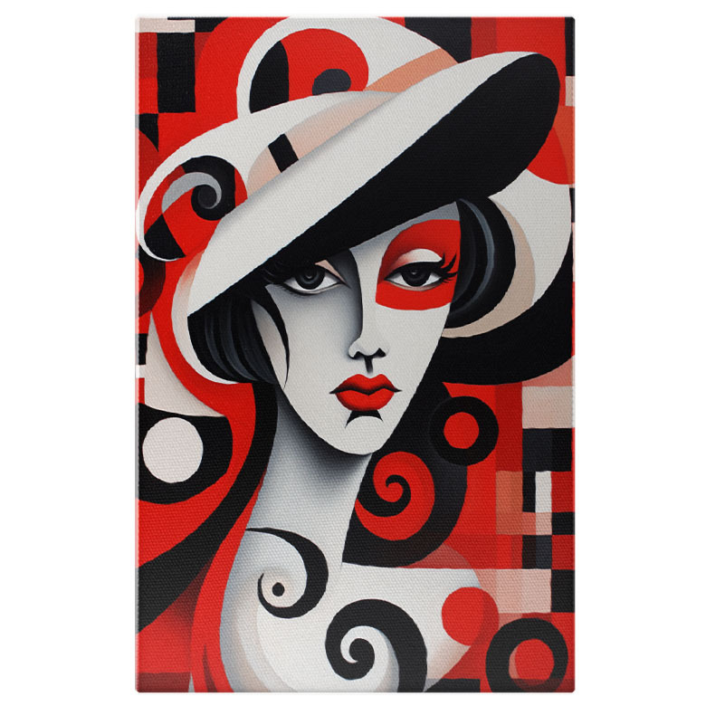 Tablou Canvas:  Portret de Femeie cu Ochii Ingandurati si Rujul Rosu cu Palarie Alba in Fundal Colorat Pictura Digitala 40x25CM [1]