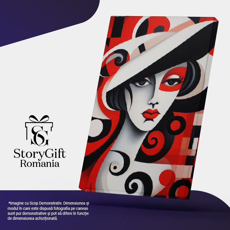 Tablou Canvas:  Portret de Femeie cu Ochii Ingandurati si Rujul Rosu cu Palarie Alba in Fundal Colorat Pictura Digitala 40x25CM [5]