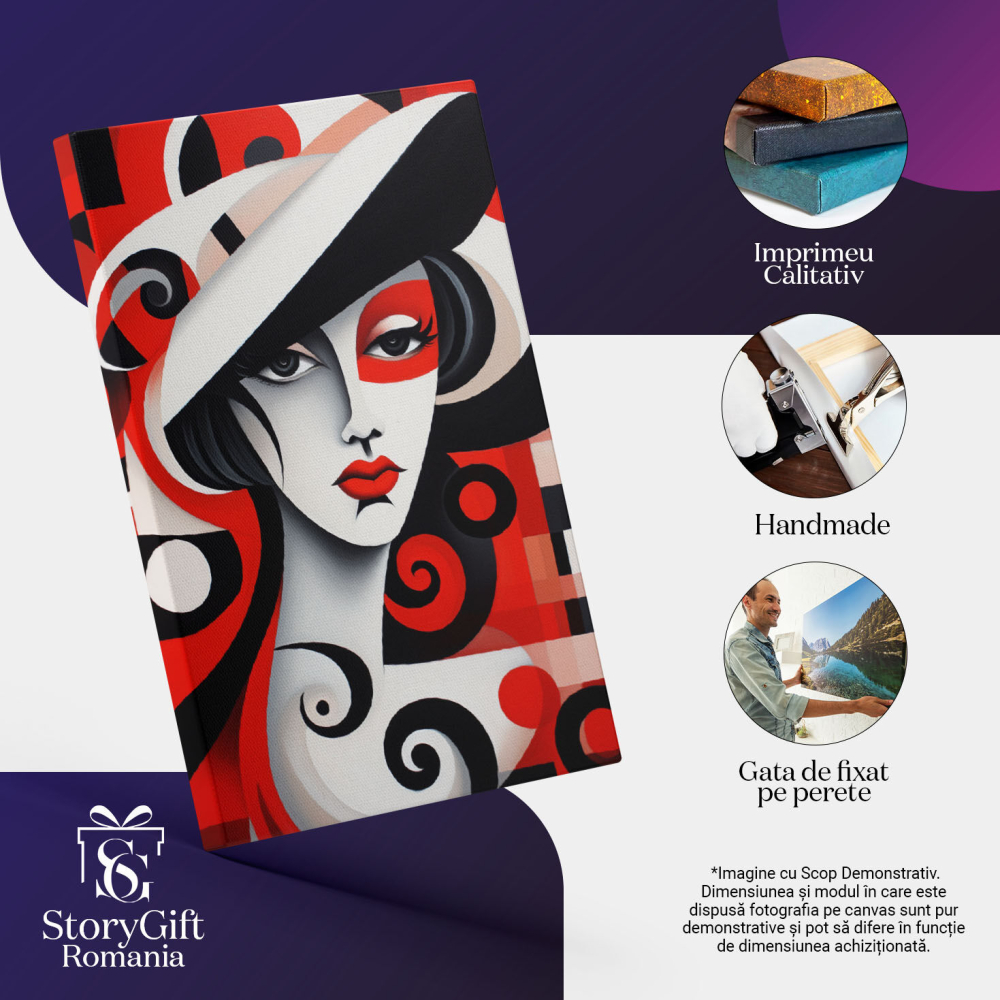 Tablou Canvas:  Portret de Femeie cu Ochii Ingandurati si Rujul Rosu cu Palarie Alba in Fundal Colorat Pictura Digitala 40x25CM [3]
