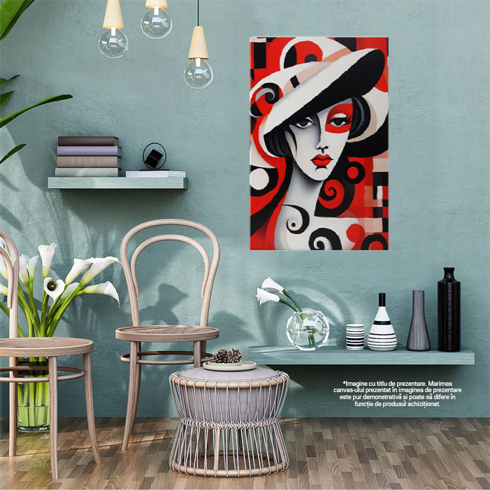 Tablou Canvas:  Portret de Femeie cu Ochii Ingandurati si Rujul Rosu cu Palarie Alba in Fundal Colorat Pictura Digitala 40x25CM [2]