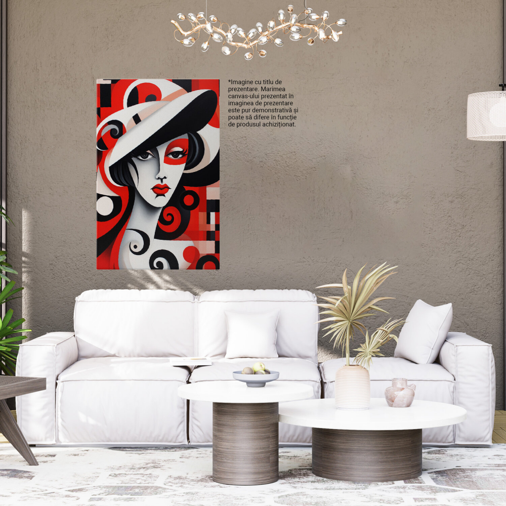 Portret Elegant al unei Femei cu Ruj Roșu și Pălărie Albă - Pictură Digitală, Marime 40x25CM [3]