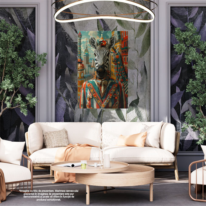Tablou Canvas Portret de Zebră la costum elegant - Fundal cu clădiri colorate desenate pe un perete , Pictura Digitala 40x25CM [2]
