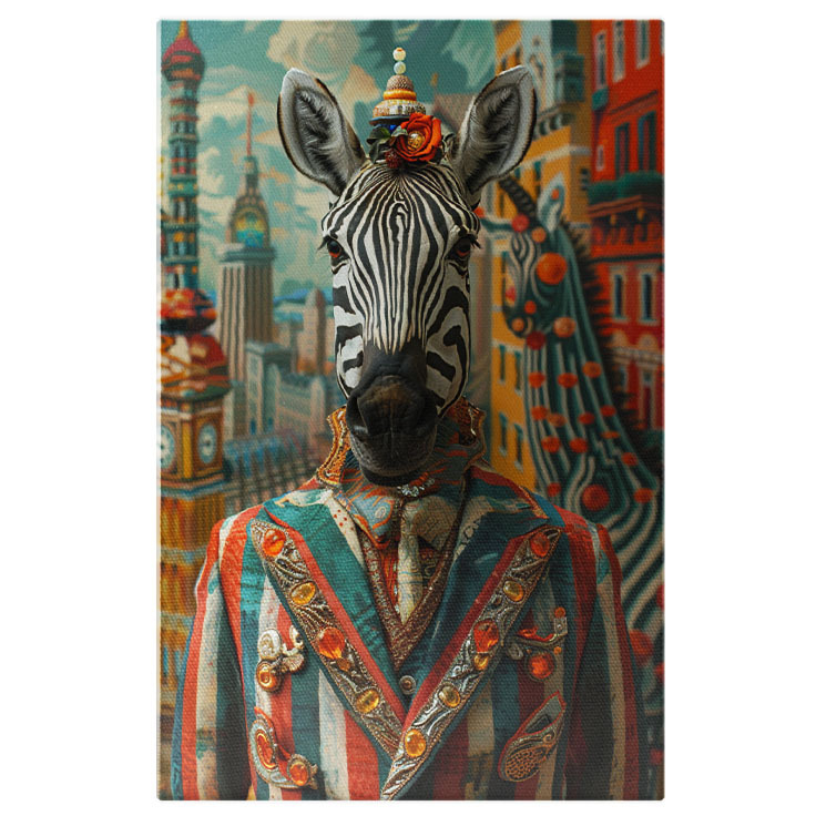 Tablou Canvas Portret de Zebră la costum elegant - Fundal cu clădiri colorate desenate pe un perete , Pictura Digitala 40x25CM [1]